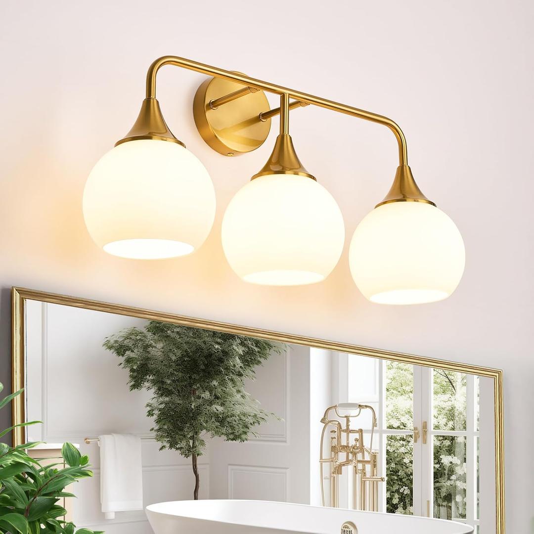 Modern Gold Bathroom Vanity Lights 3-Light Bathroom Light Fixtures Over Mirror with Milk White Glass Shade Modern Wall Sconce Lighting Bath Vanity Lights (Exclude E26 Bulb)