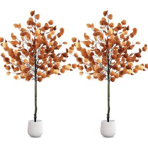 Lunmon 2 Pack Eucalyptus Artificial Tree, 4ft Faux Fall Tree with Spike, Christmas Decorations for Home Porch, Realistic Leaves Plant Decor for Outdoor Indoor,Without Vase