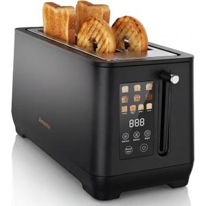 4 Slice Toaster, Long Slot Touch Screen Retro Toaster with Digital Countdown, Extra-Wide Slots for Bagels & Artisan Bread, 6 Browning Levels, 5 Bread Modes, Defrost Reheat Cancel, Stainless Steel (Black)