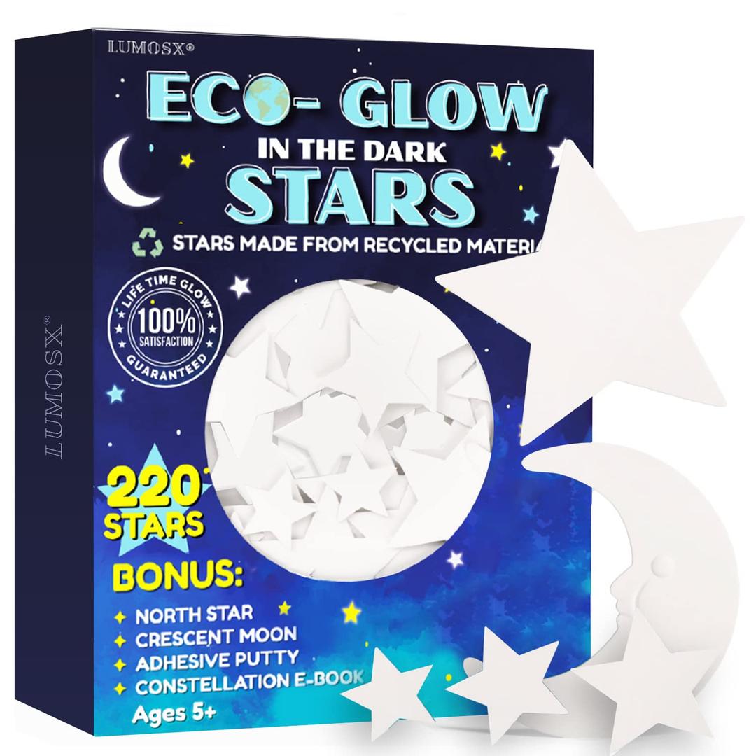 Glow in the Dark Ceiling Stars for Kids Room  220pcs Glow Stars for Ceiling Made from Recycled Materials with Moon, North Star & Constellation E-Book | LUMOSX