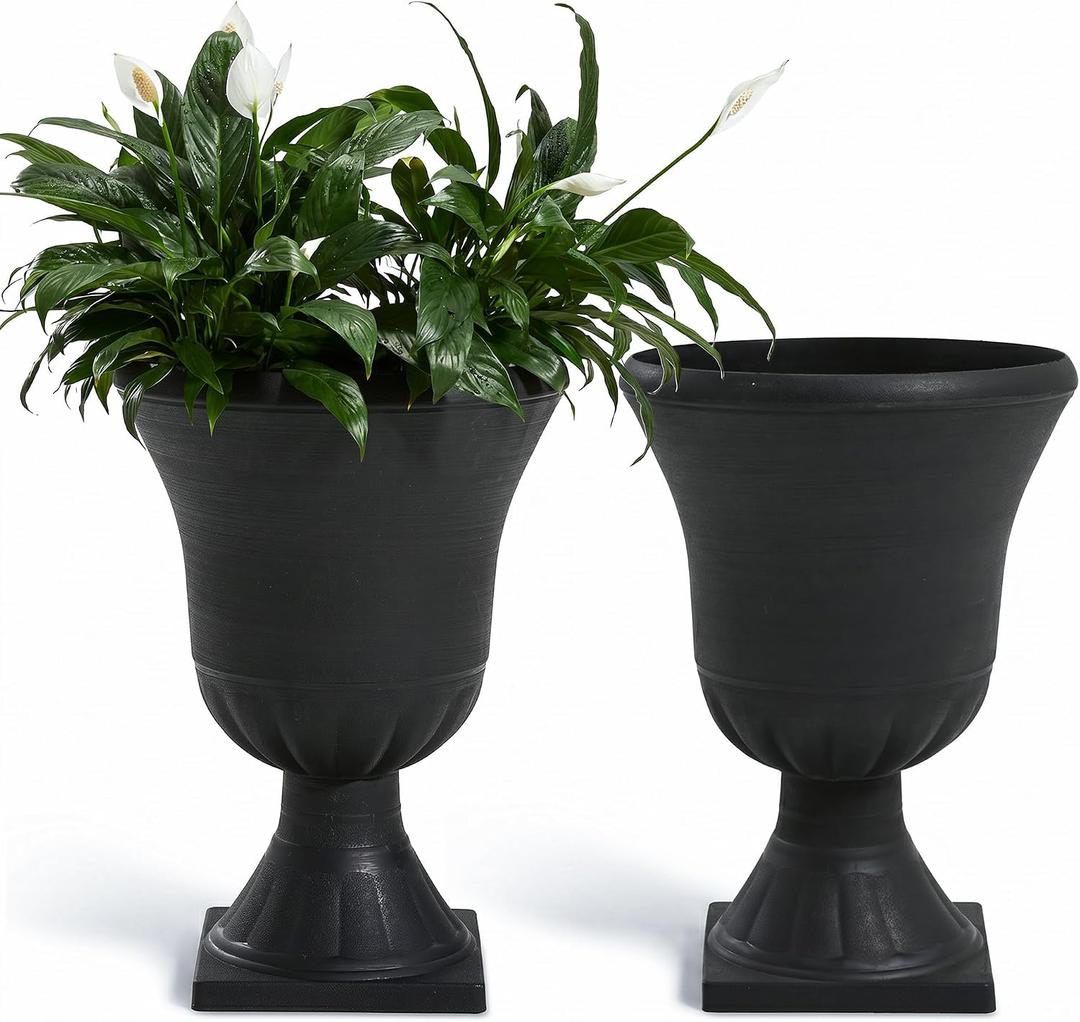 Worth Garden 2-Pack Plastic Urn Planters for Outdoor Plants, 22'' Black Tall Round Classic Resin Traditional Flower Pots - 15 in. Dia Large Imitation Stone Decorative Pot Patio Deck Front Porch