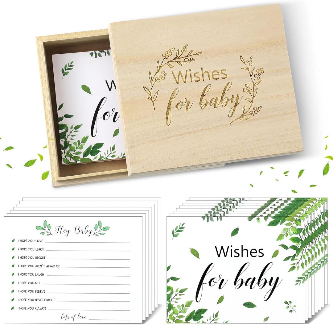 50 Pcs Botanical Baby Shower Advice Cards with Wooden Keepsake Box, Greenery Wishes Card for Baby Shower Double Sided Advice and Wishes Cards for New Parents Boys Girls Showers Gender Reveal Decor