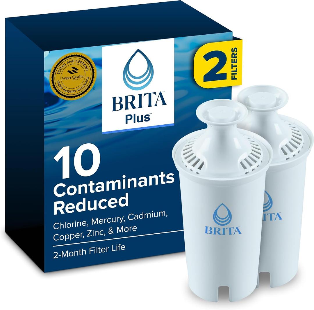 Brita Plus Water Filter, BPA-Free, High-Density Replacement Filter for Pitchers and Dispensers, Reduces 2x Contaminants*, Lasts Two Months or 40 Gallons, Includes 2 Filters