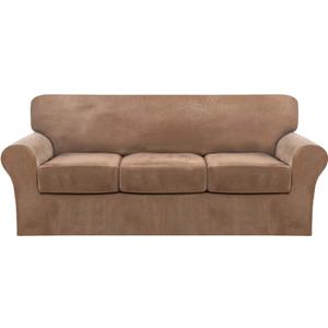 FantasDecor 4 Piece Sofa Velvet Couch Covers for 3 Cushion Stretch Slipcover with Individual Seat Cushion Elastic Furniture Protector for Pets, Machine Washable (Sofa, Luggage)