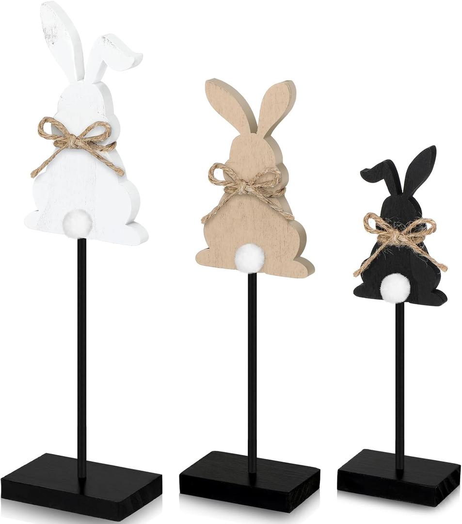 Maitys 3 Pcs Easter Bunny Wooden Table Decor Vintage Rabbit Standing Tabletop Decor Easter Bunny Block Centerpiece Sign with Jute Rope for Festival Gifts, Black, White, Natural Wood Color