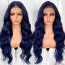 BlackSwern Dark Blue Wig 13x6 Synthetic Lace Front Wig,HD Lace Pre-Plucked Navy Blue Lace Frontal Wig,26inch Body Wave Wigs 200 Density,Pre-Plucked PLUS 1.5Hairline+ Flat Iron Relaxed Free Part