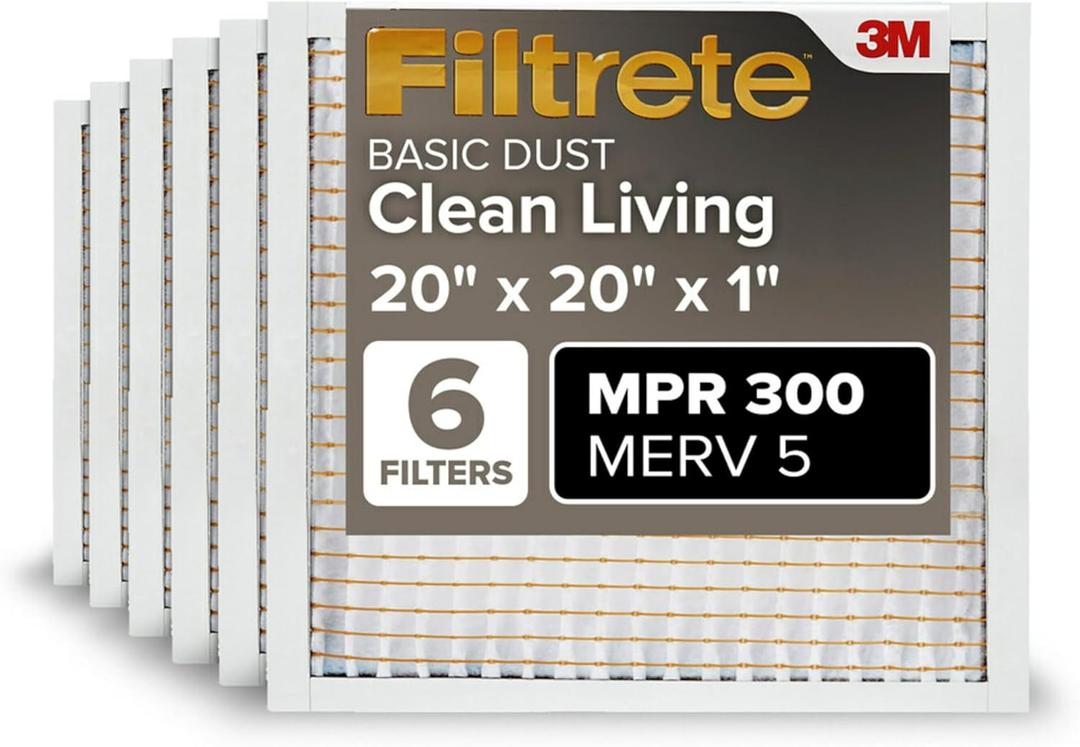 Filtrete 20x20x1 AC Furnace Air Filter, MERV 5, MPR 300, Capture Unwanted Particles, 3-Month Pleated 1-Inch Electrostatic Air Cleaning Filter, 6-Pack (Actual Size19.69x19.69x0.81 in)