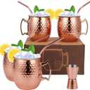 Moscow Mule Mugs Set of 9-20oz Hammered Moscow Mule Mugs Drinking Cup 304 Stainless Steel with 4 Straws-1 Jigger-Great Dining Entertaining bar Gift Set Mug Set of 4, Double Jigger Included