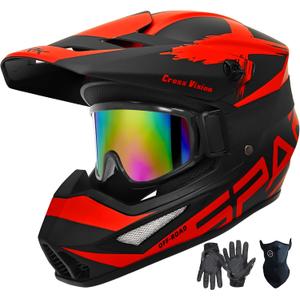 Motocross Helmet,Youth Adult ATV Dirt Bike Motorcycle Helmet,BMX 4-Wheeler Off-Road Mountain Bike Helmet,DOT Certified,W/Gloves Goggles Mask 4-Piece Set (X RED, Large)