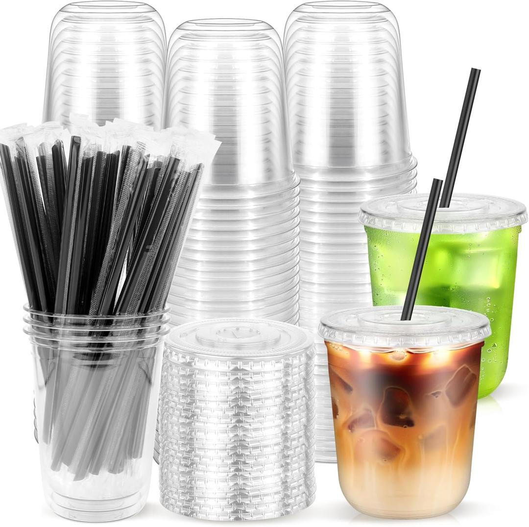 50PCS 12 oz Round Bottom Plastic Cups with Lids and Black Straws, Clear To Go Iced Coffee Smoothie Juice Cups, Disposable Cold Drink Bubble Tea Party Cups for Catering, Christmas, Birthdays, Takeout