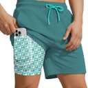 7 Inch Men Swim Trunks with Compression Liner Quick Dry Drawstring Male Swimtrunks for Beach Summer Water Park (Medium, Cyan Green)