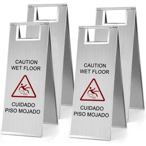LEIFIDE 4 Pcs Stainless Steel Wet Floor Caution Sign Bulk 8.8 Pound Portable Foldable Handle Bilingual Safety Sign for Kitchen Restaurant Shop Commercial Use Avoid Fall and Slip Accident (Silver), 24 x 8.6 inches