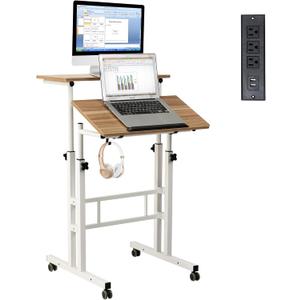 Hadulcet Mobile Standing Desk with Charging Station, Adjustable Computer Desk, Laptop Cart with Wheels for Home Office, Classroom - Vintage Oak (Upgrade, Vintage Oak)