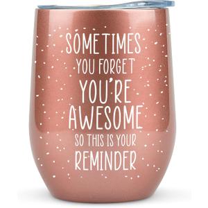 KLUBI Birthday Gifts for Women - Sometimes You Forget You're Awesome 12oz Funny Wine Tumbler With Lid and Straw Self Care Gift for Women Farewell Gifts for Coworkers College Care Package for Girls (Rose Gold (12 Ounce))