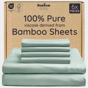 Bambaw 100% Viscose Derived from Bamboo Sheets Queen Size Set  6pcs Deep Pocket Cooling Queen Sheets, Fits Up to 16'' with Elastic Corner Straps, Buttery Soft & Breathable (Sea Glass)