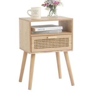 MaxSmeo Modern Nightstand Rattan Side End Table with Storage, for Living Room, Bedroom and Small Spaces, Accent Bedside Farmhouse Tables with Solid Wood Legs, Easy Assembly (Natural Walnut)
