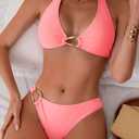Fanuerg Women's Halter V Neck Bikini Sets Ring Linked Two Piece Swimsuit Cheeky Swim Bathing Suit 2025 (Pink, S)
