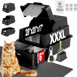 XXXL Jumbo Drawer Stainless Steel Cat Litter Box with Lid, Flully Enclosed, 28”Lx20"Wx17"H Extra Large for Maine Coon, Big Cats & Multi-Cats, Odor Control, Non-Stick, Leak-Proof, Easy Cleaning (Black)