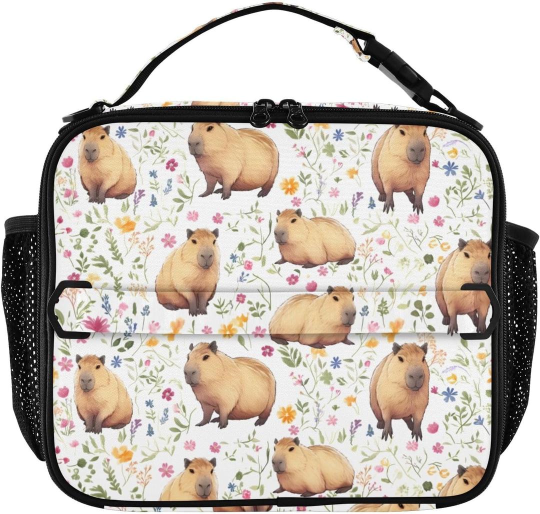 Guinea Pig Lunch Bag Floral Insulated Lunch Bag for Women Girls Reusable Lunch Box with Adjustable Shoulder Belt Portable Cooler Bag for School Travel Office Picnic (One Size, Color-1)