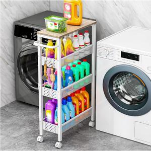 Utility Slim Storage Cart, 4 Tier Small Rolling Kitchen Laundry Room Cart with Wood Top, Metal Bathroom Storage Cabinet Mobile Shelf Unit Organizer Trolley with Handle for Narrow Space (7.1 inch wide, White)