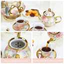 20 Pcs Porcelain Tea Set with Metal Holder, European Ceramic Tea Set for Adults, Antique Enamel Tea Cup Saucer Set for Party, Coffee Tea Gift Sets with Pink Flower Painting (Pink Enamel)