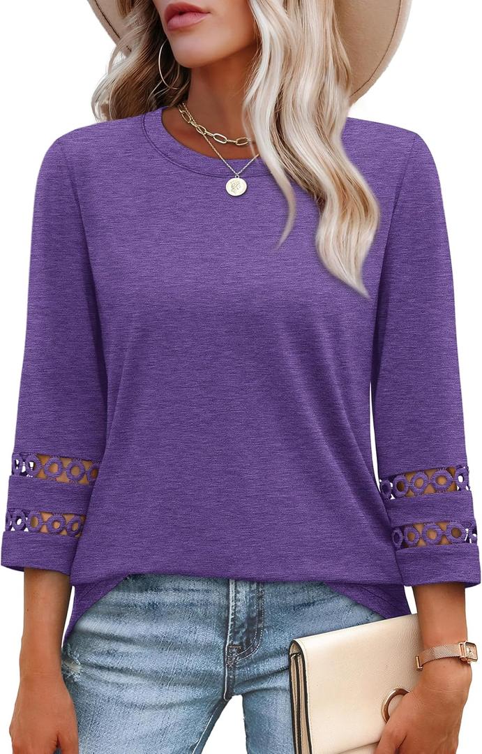 Womens Shirts Dressy Casual 3/4 Length Sleeve Tops Beach Vacation Clothes Fall Fashion Outfits Winter Purple 3XL