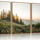 FWIEXA Green Forest Mountain Framed Canvas Wall Art Set, Wildflower Meadow Wall Decor, Floral Pictures Artwork, Nature Sunset Landscape Art Prints for Living Room, Bedroom, Office - Size 24"x36"x3