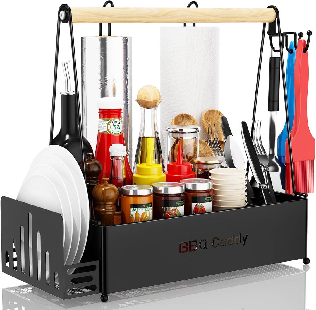 Grill Caddy, BBQ Caddy for Outdoor Grill with 2 Paper Towel Holders, Picnic Condiment Utensil Caddy for Outdoor, RV Essentials, Tailgating Grilling Accessories, Camping Kitchen Essentials