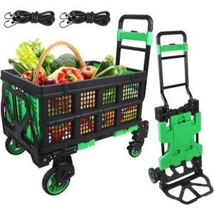 Lanstics Folding Hand Truck, Multi-Functional Collapsible Shopping Cart with Basket, Green Storage Wagon Cart Folding Trolley for Groceries Shop Warehouse Use Portable Carts for Picnic Camp