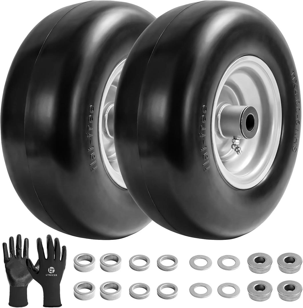 2-Pack 11x4.00-5 Flat Free Lawn Mower Tires, Solid No-Flat Replacement Wheels for Zero Turn Mowers & Garden Tractors, 5/8" & 3/4" Bearings, Adjustable Hub, 330 lbs Capacity, 2 pcs