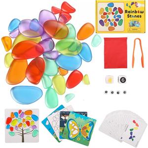 36 Pcs Translucent Pebbles, Rainbow Stones,Light Table Manipulatives Preschool,Light Table Accessories, Includes 24 Activity Cards