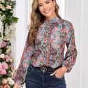 AGSEEM Womens Button Down Shirts Lantern Long Sleeve Boho Floral Print Chiffon Dressy Business Casual Blouses Tops 2026 (L)