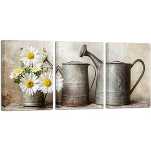 iHAPPYWALL 3 Pieces Rustic Daisy Wall Art Vintage Flower Canvas Print Country Painting Picture Farmhouse Bathroom Bedroom Wall Decor Ready to Hang