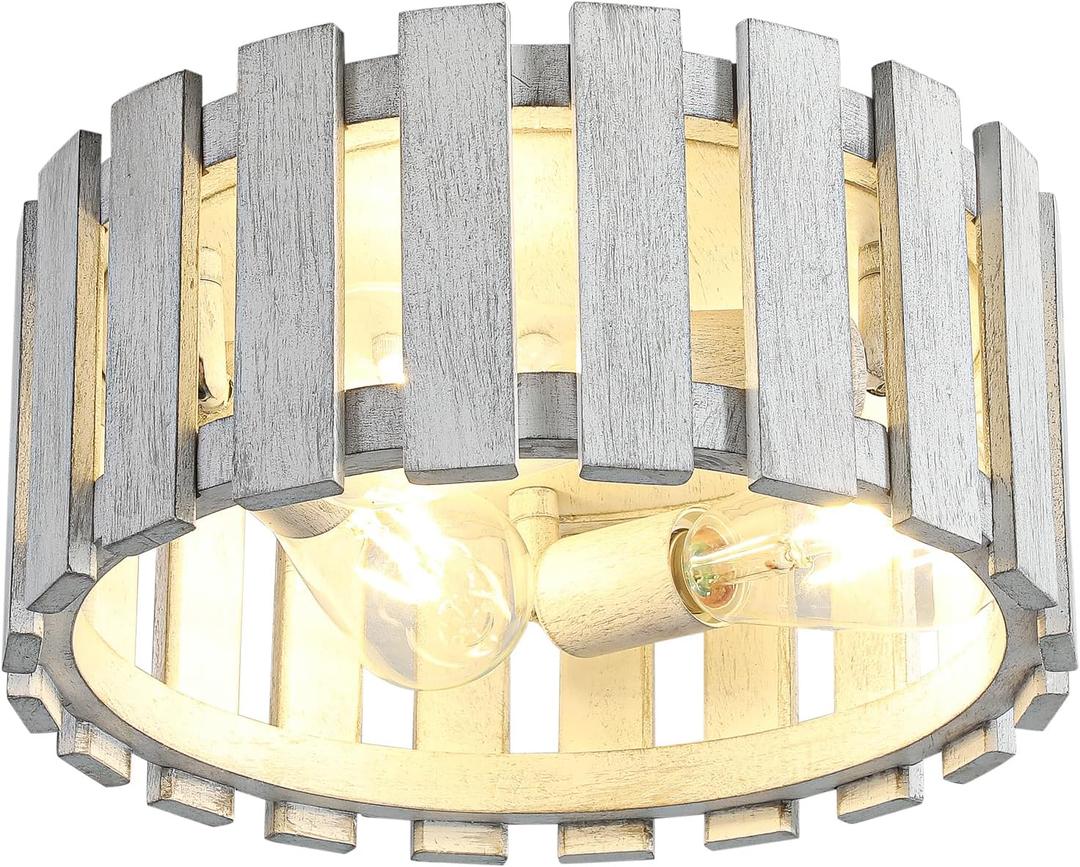 Farmhouse Flush Mount Ceiling Light, 12.2 Inch 3-Light Metal and Wood Close to Ceiling Light Fixture, White Hallway Light Fixtures Ceiling, Rustic Drum Ceiling Light for Kitchen, Entryway, Hallway