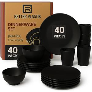 40-Piece Unbreakable Plastic Kitchen Dinnerware Set  Service for 8 | Modern Reusable Dish Set for Home, Outdoor Camping | Microwave & Dishwasher Safe, BPA-Free, Eco-Friendly