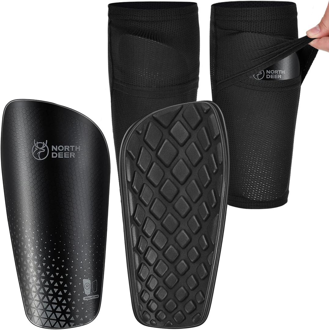 Northdeer Soccer Shin Guards for Kids Adults. Sleeves with Optimized Insert Pocket - Protective Soccer for Boys Girls Men (L (5'3"-5'11"), Shin Pads 1 Pair + Sleeves 1 Pair, Black)