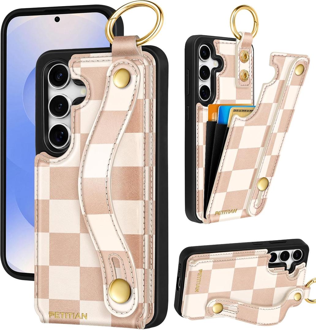 Petitian for Samsung Galaxy S24 Plus/S25 Plus Wallet Case - Women Girls Cute Girly Aesthetic Design Leather Credit Card Holder Cardholder Stand Wristband for Galaxy S24 Plus/S25 Plus,Checkered