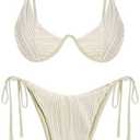 ZAFUL Women's Bikini Sets Ribbed Two Piece Swimsuits Underwire Adjustable Back Clasp Bathing Suit Side Tie Thong Swimwear Size S, Beige