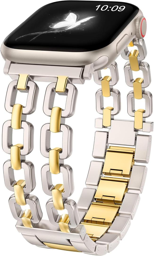 Wearlizer Compatible with Apple Watch Bands 41/40/38/44/45/46/49/42mm Women, Dressy Fancy Metal Chain Pretty Strap Designer Gold Silver Bracelet for iWatch Series 11 10 9 8 7 6 5 4 3 SE/Ultra 3 2 1