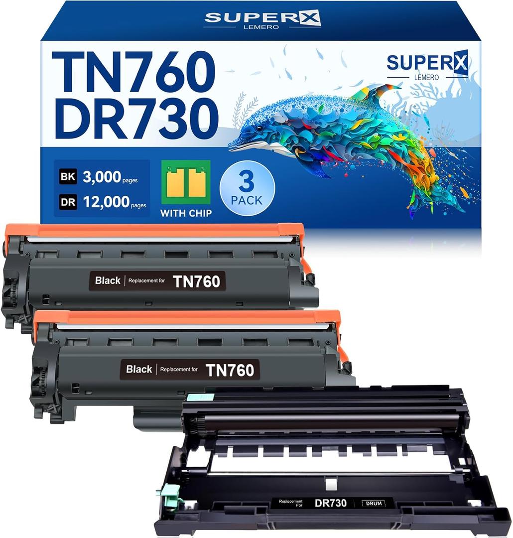 LEMERO SUPERX Compatible Toner Cartridge Replacement for Brother TN760 Toner and DR730 Drum Unit TN760 Black Toner dr-730 for HL-L2350DW MFC-L2750DW Printer (2 TN760 Toner, 1 DR730 Drum Unit, 3 Pack)