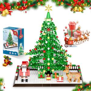Christmas Tree Building Blocks, Christmas Decorations Set with Santa Claus & Reindeer, Creative Tabletop Decor Xmas Gifts Toys for Kids Adults Teen Boys & Girls