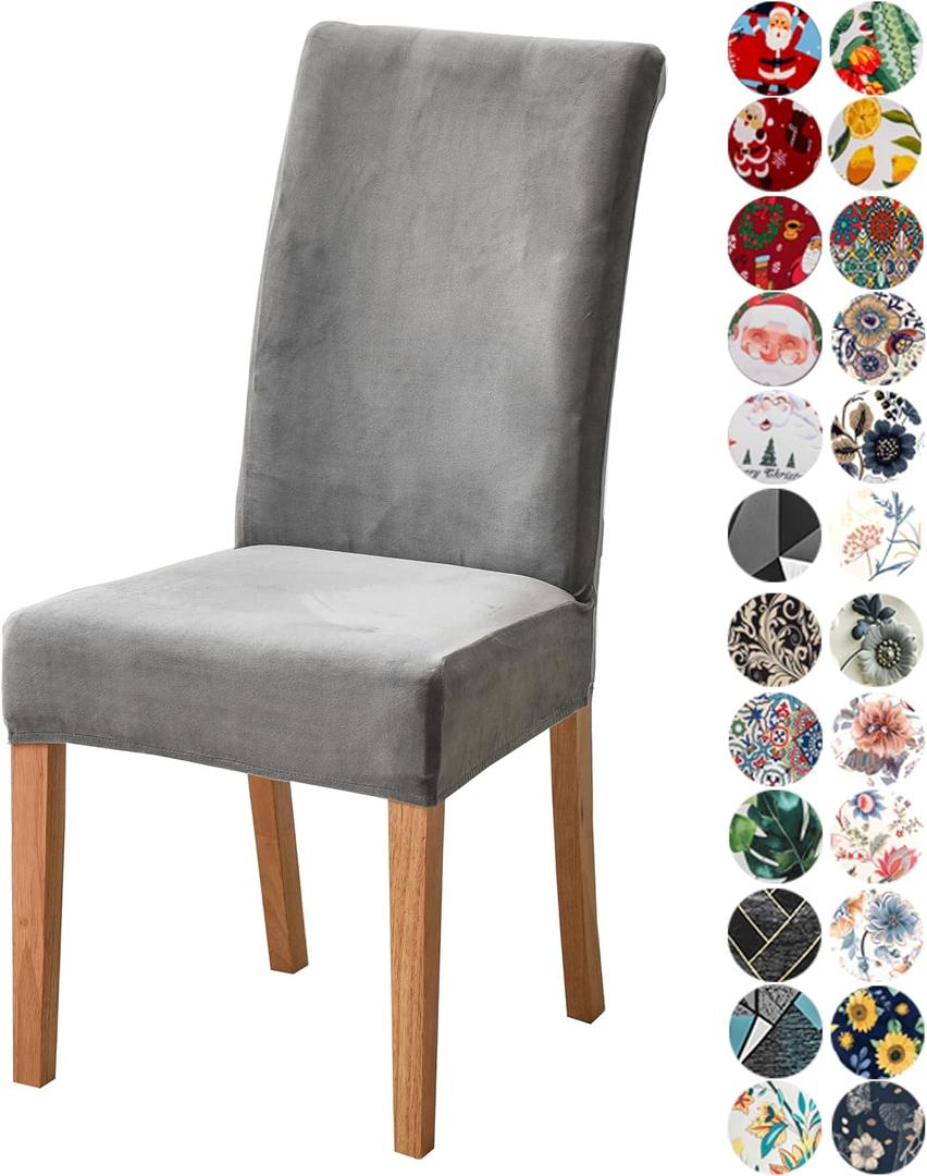Velvet Chair Covers for Dining Chair Set of 4, Stretchy Soft Parson Chair Covers Removable Washable Kitchen Dining Room Chair Slipcovers with Elastic for Universal Fit (Grey)