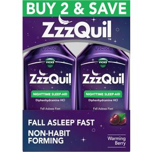 ZzzQuil, Sleep Aid, Nighttime Sleep Aid Liquid, 50 mg Diphenhydramine HCl, Fall Asleep Fast, Non-Habit Forming, Warming Berry Flavor, 12 FL OZ (Pack of 2)