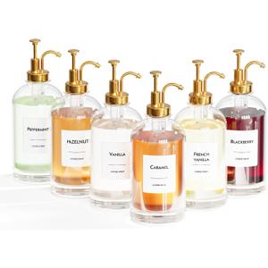 16.9 oz/500 ml Coffee Syrup Dispenser Set - 6 Glass Bottles with Gold Pumper and Syrup Labels - Precise Dispensing and Stylish Addition to Coffee Shop, Cafe or Home Bar