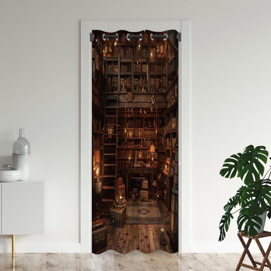 Vintage Bookshelf Bookcase Door Curtains for Doorways, Old Retro Library Blackout Curtain for Kids Bedroom Closet, Grommet Thermal Insulated Privacy Door Drapes for Room Divider, 42"W x 80"L