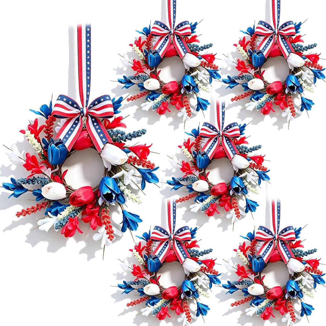 2 x 6 Pcs Small 4th of July Hanging Wreaths for Cabinets with Red White Blue Tulips Blooms Artificial Mini Independence Day Mini Candle Ring Wreath for Memorial Day Front Door Window Porch Wall Decor