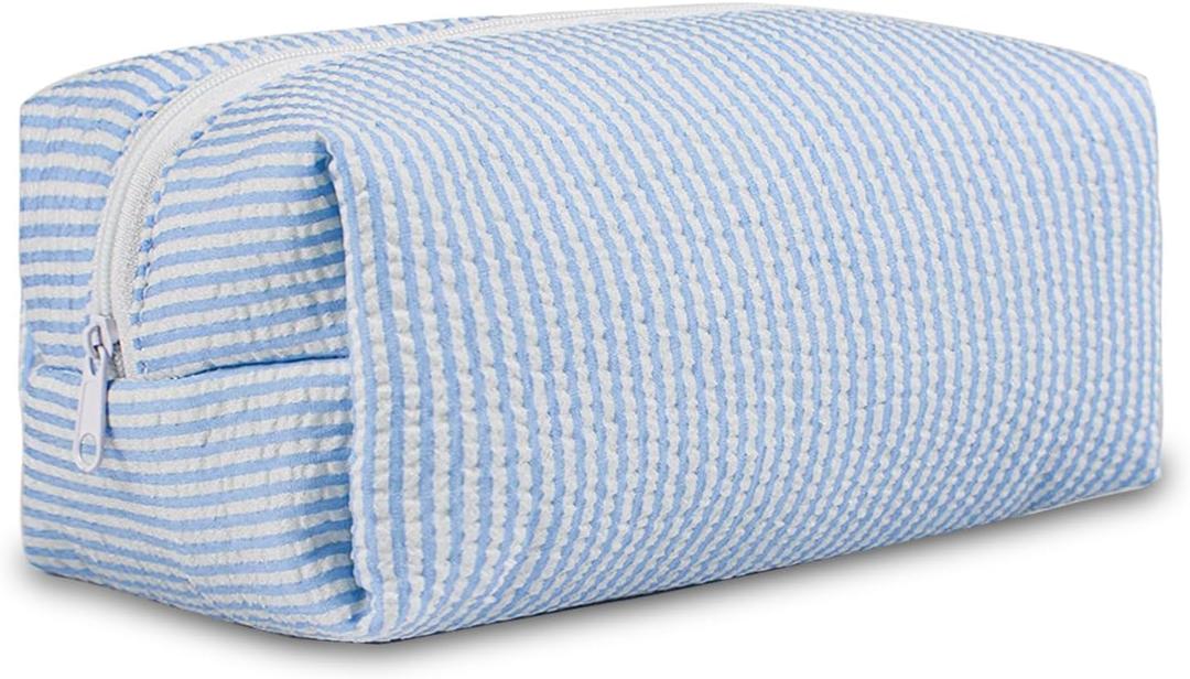 Makeup Bag Travel Cosmetic Bag for Women Cute Seersucker Cosmetic Pouch Small Preppy Makeup Purse Brushes Storage Organizer