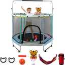 Trampoline for Kids, 5FT Adjustable for Toddler, Indoor/Outdoor Baby Trampoline with Enclosure Net, No-Gap Safe Design, Gifts for Boys & Girls (Stainless Steel, Blue Green)