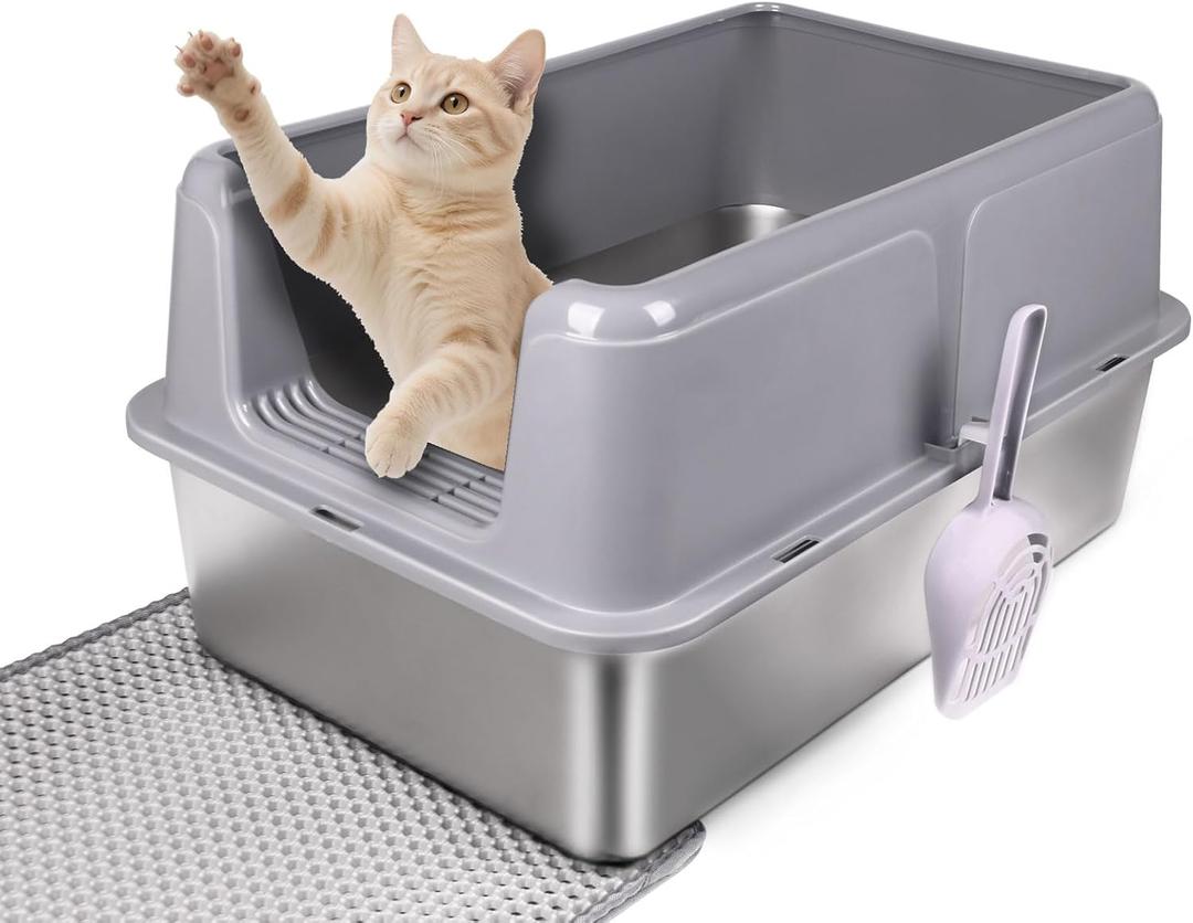 Stainless Steel Cat Litter Box with Lid – XL High-Sided Metal Litter Pan for Big Cats & Maine Coons – Enclosed, Anti-Urine Leak, Non-Stick, Odor & Rust Resistant, Easy Clean with Scoop & Mat, Gray