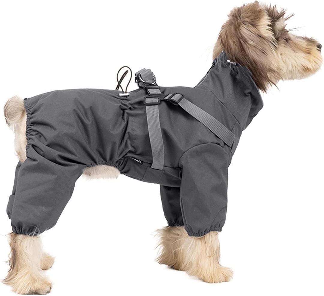 BRKURLEG Dog Raincoat with Harness for Small Dogs, Adjustable Waterproof Dog Rain Jacket, Reflective Rainproof Puppy 4 Legs Raincoat, Full Body Pet Rain Jacket, Dark Grey, M (M(Back Length9.8"))